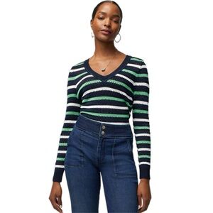 WHBM White House Black Market Long Sleeve Stripe V-Neck Crochet Sweater Size XS